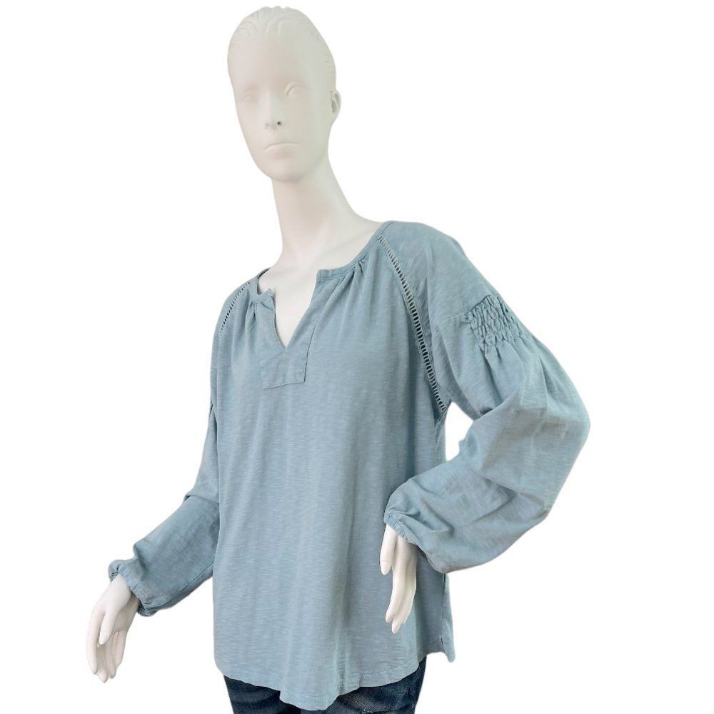 FRYE Smocked Long Sleeve Cotton Jersey Knit Top Stone Blue Size Large
